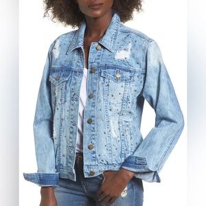 Tinseltown Light Denim Wash Jean Jacket with Distresses and Studs